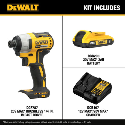 DEWALT 20V MAX Brushless 1/4" Impact Driver Kit (DCF787D1)
