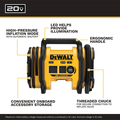 DEWALT 20V MAX Portable Tire Inflator Auto Shutoff Bare DCC020IB