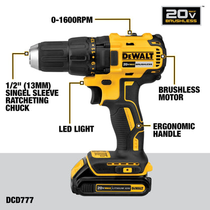 DEWALT 20V MAX Brushless Cordless Drill Driver 1/2 In DCD777D1