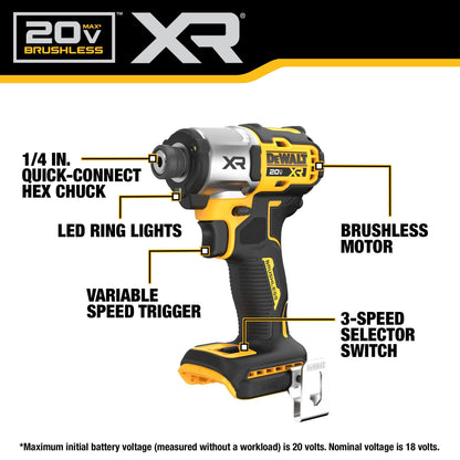 DEWALT 20V MAX XR Brushless 3-Speed Impact Driver 1/4 In DCF845B