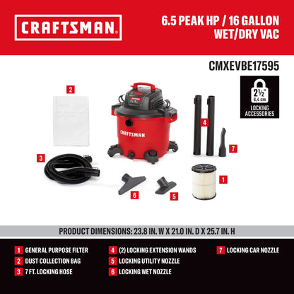 CRAFTSMAN 16-Gallon 6.5 Peak HP Wet/Dry Shop Vacuum (CMXEVBE17595)