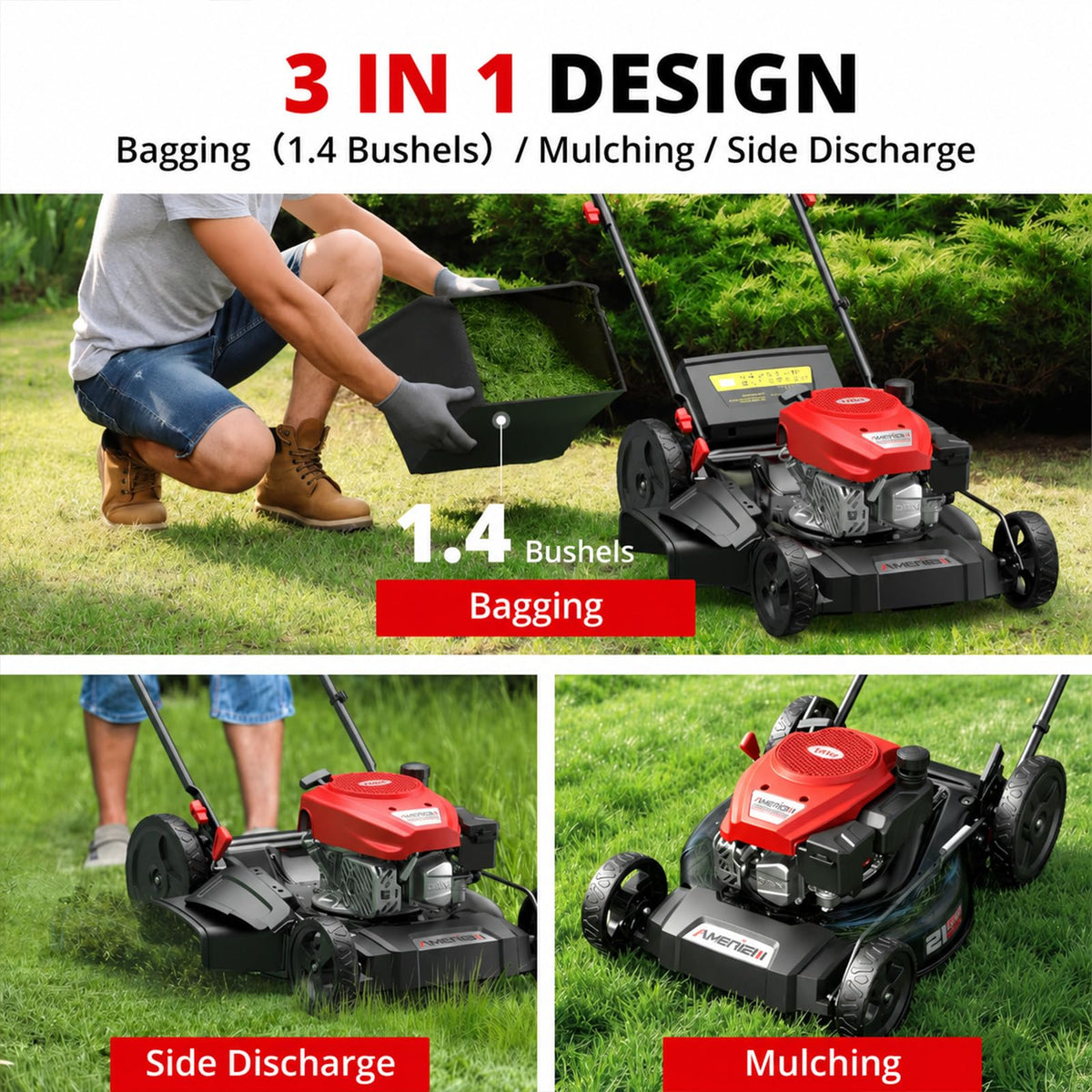 AMERISUN 21" Self-Propelled Gas Lawn Mower | 170cc OHV | 3-in-1