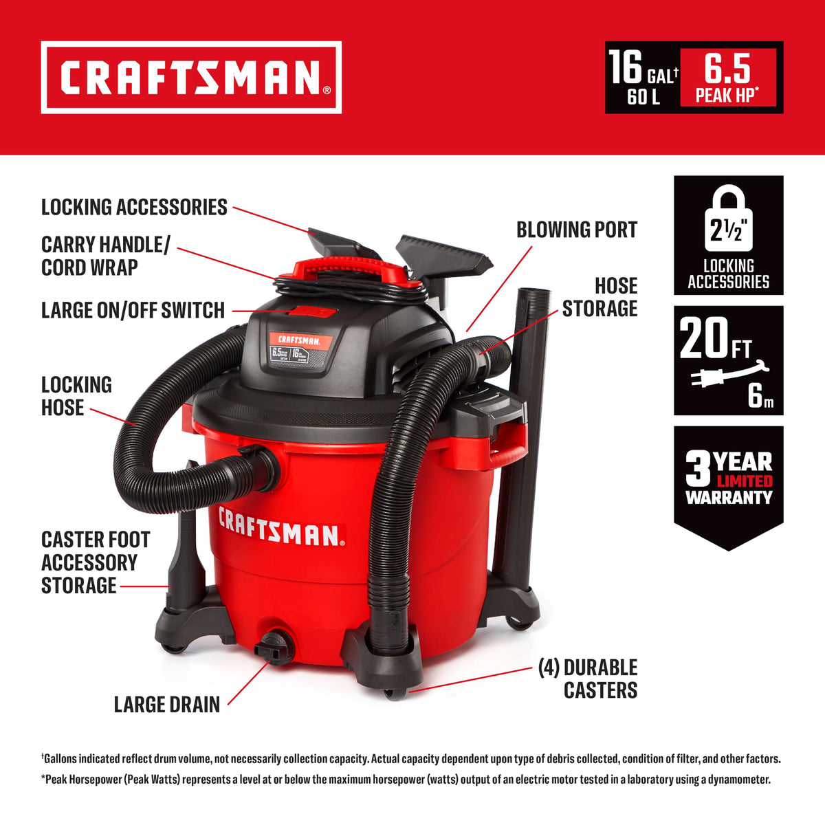 CRAFTSMAN 16-Gallon 6.5 Peak HP Wet/Dry Shop Vacuum (CMXEVBE17595)