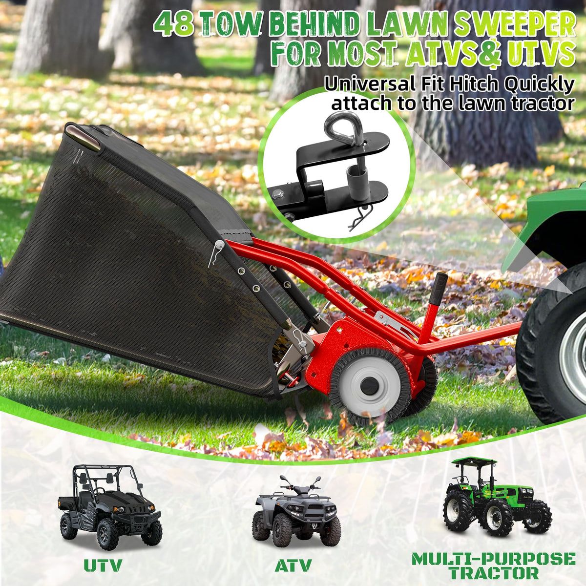 48" Tow-Behind Lawn Sweeper | 25.16 Cu. Ft. Leaf & Grass Collector